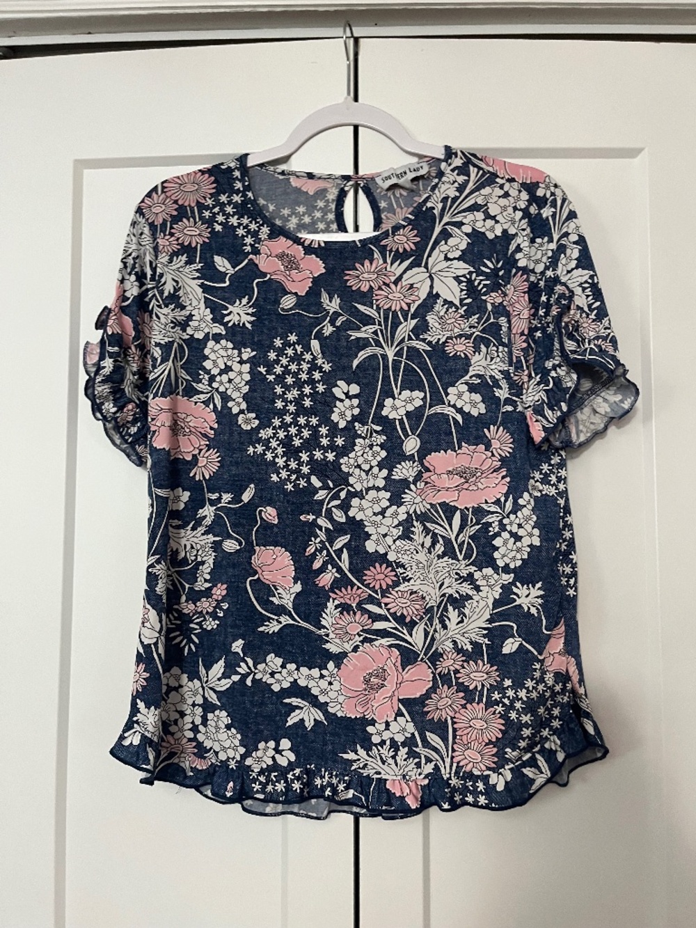 Southern Lady Blue Pink Floral Blouse